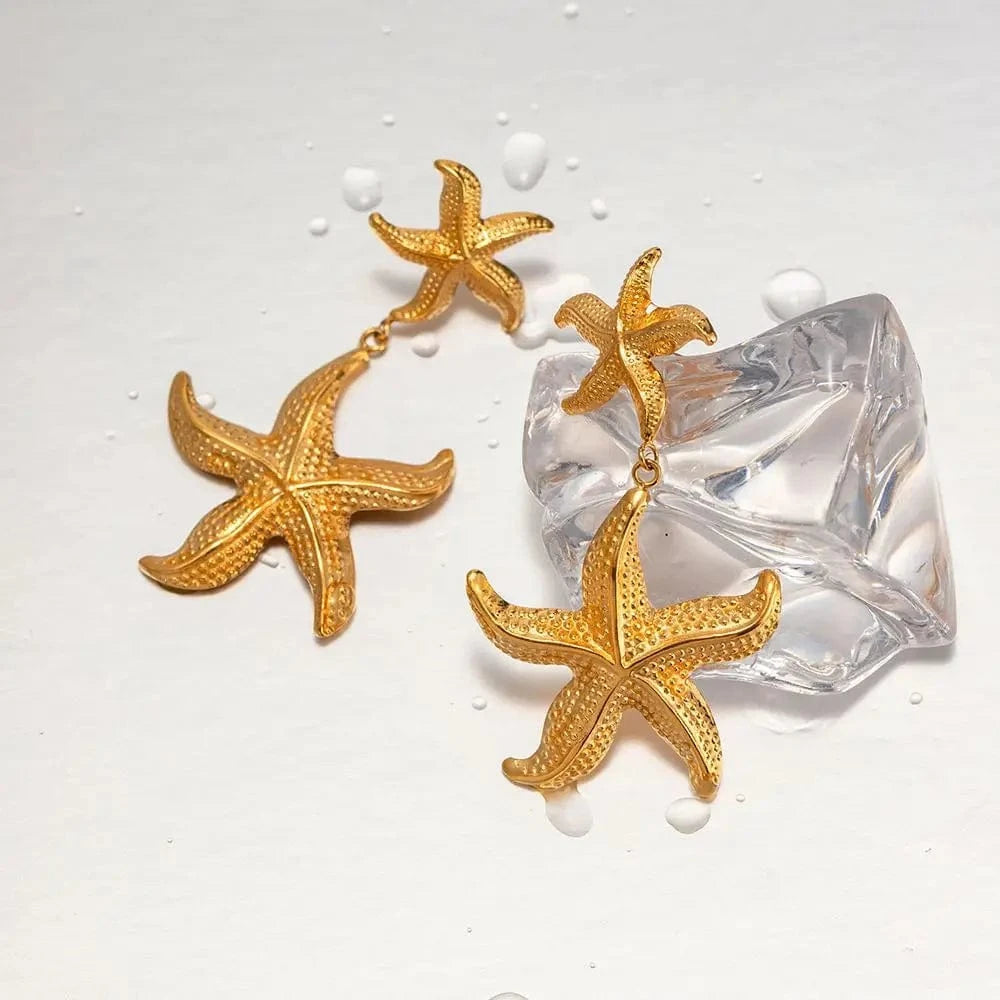 TRENDY / E2035 E2035 Double Sea Star Pendant Earring 18K PVD Gold Plated Stainless Steel Gorgeous Summer Star Drop Earring For Women