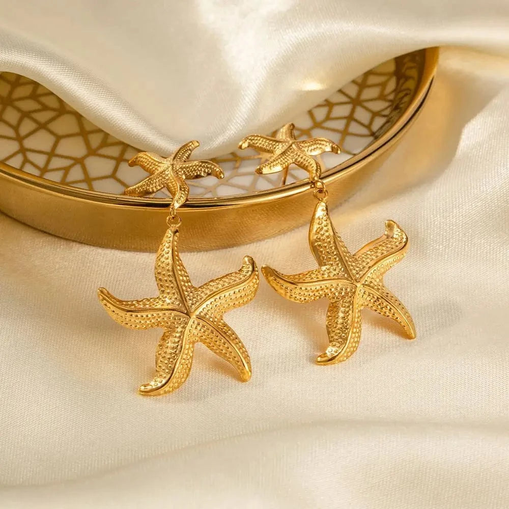 TRENDY / E2035 E2035 Double Sea Star Pendant Earring 18K PVD Gold Plated Stainless Steel Gorgeous Summer Star Drop Earring For Women