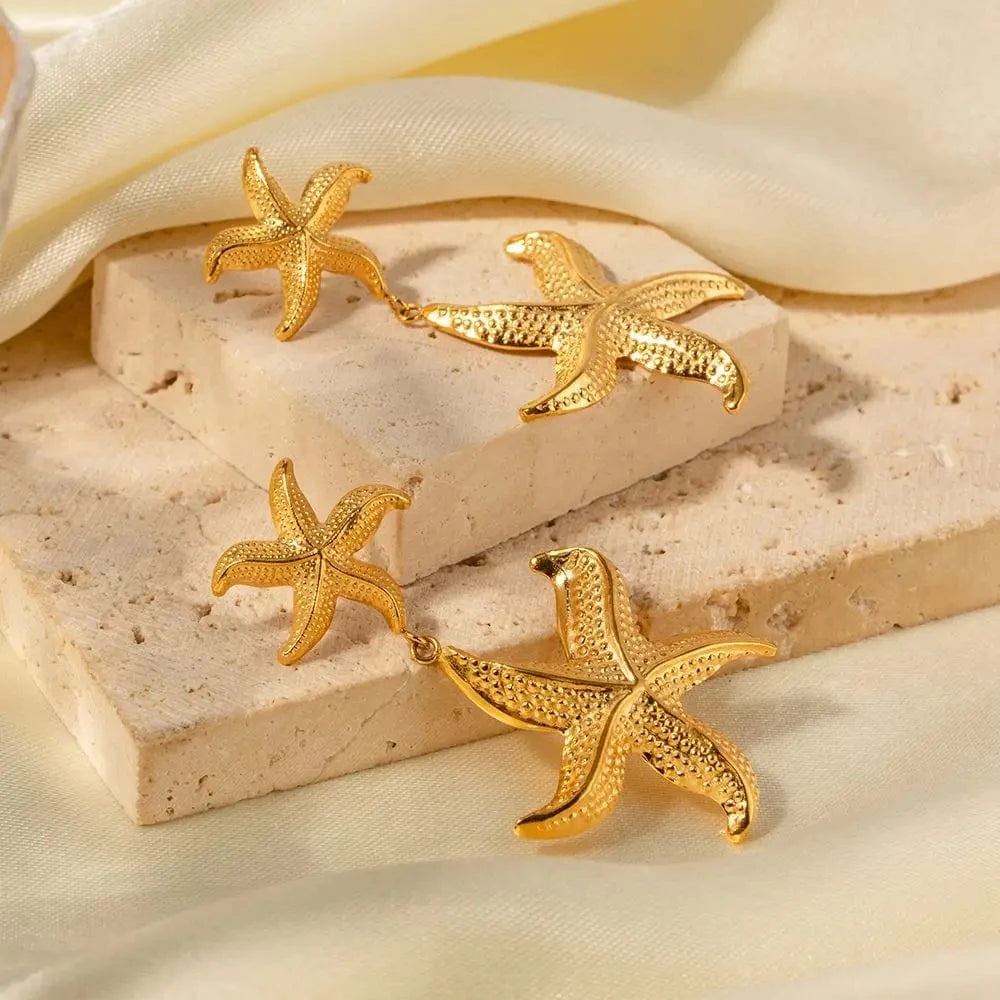 TRENDY / E2035 E2035 Double Sea Star Pendant Earring 18K PVD Gold Plated Stainless Steel Gorgeous Summer Star Drop Earring For Women