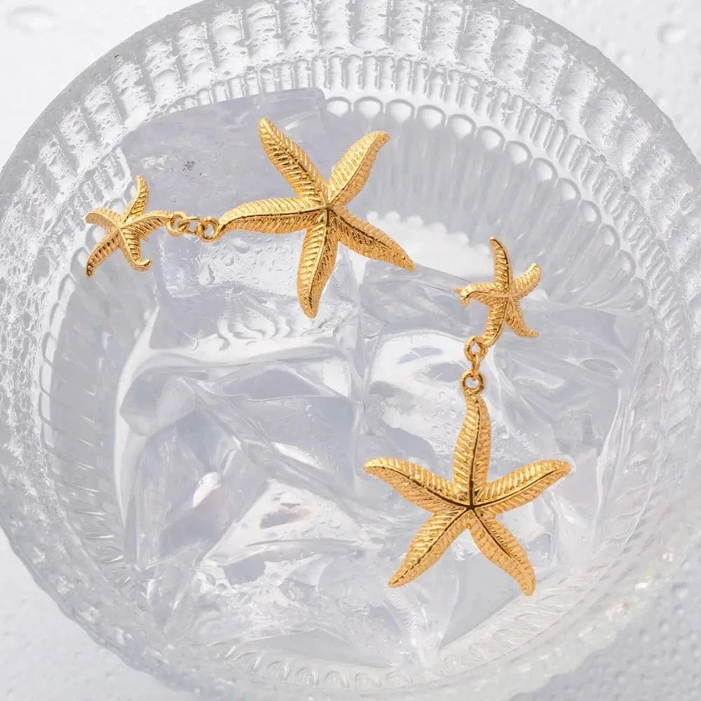 TRENDY / E2035 E2035 Double Sea Star Pendant Earring 18K PVD Gold Plated Stainless Steel Gorgeous Summer Star Drop Earring For Women