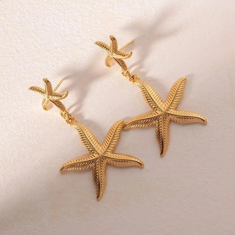 TRENDY / E2035 E2035 Double Sea Star Pendant Earring 18K PVD Gold Plated Stainless Steel Gorgeous Summer Star Drop Earring For Women
