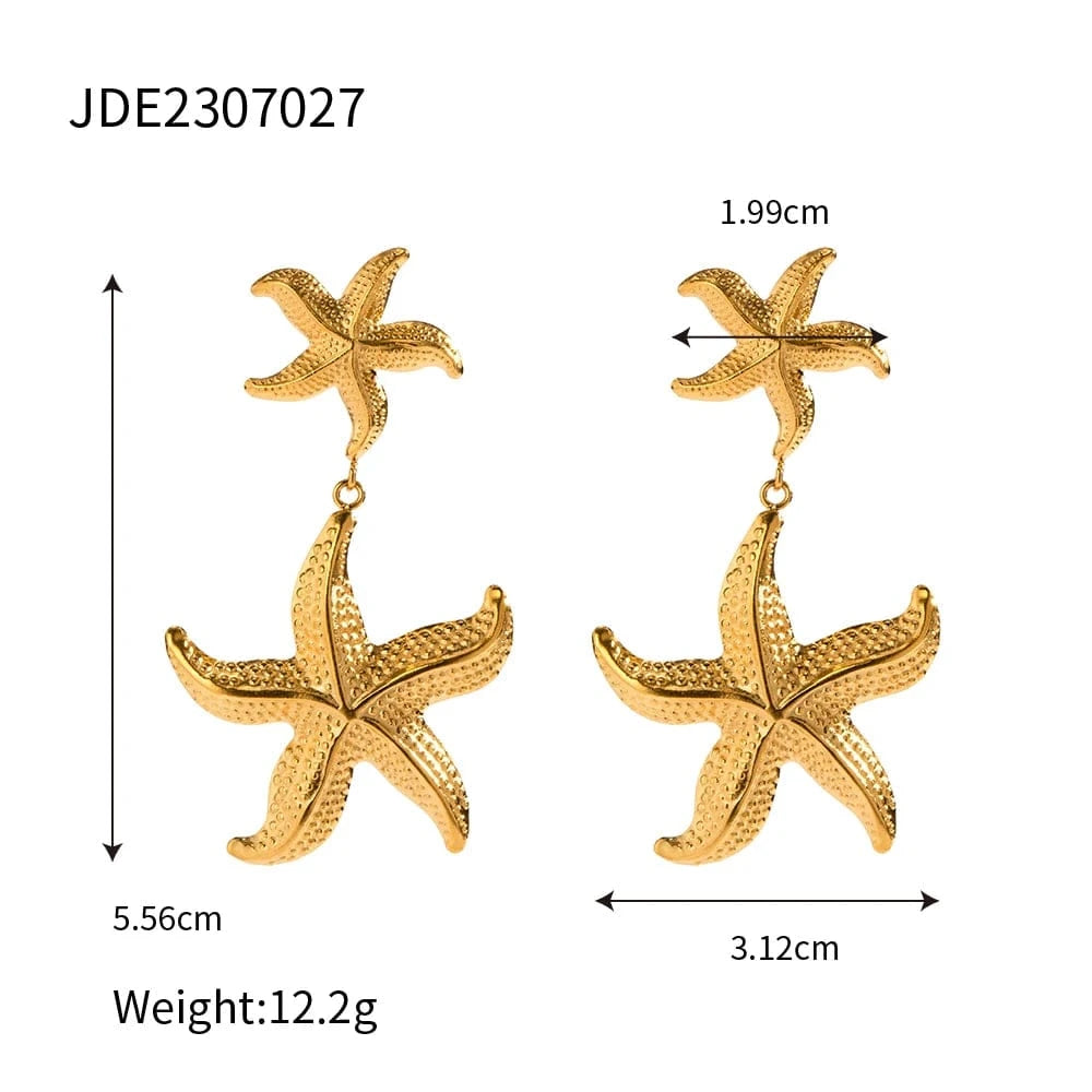 TRENDY / E2035 E2035 Double Sea Star Pendant Earring 18K PVD Gold Plated Stainless Steel Gorgeous Summer Star Drop Earring For Women