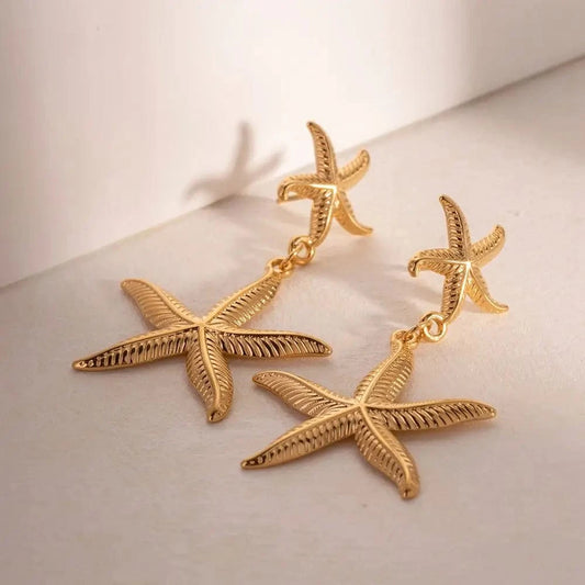 TRENDY / E2035 E2035 Double Sea Star Pendant Earring 18K PVD Gold Plated Stainless Steel Gorgeous Summer Star Drop Earring For Women