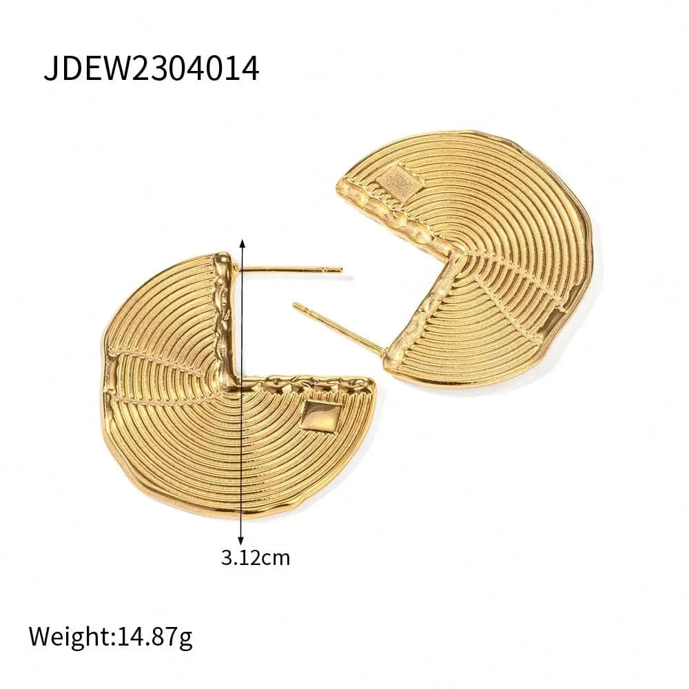 TRENDY / E2064 E2064 18K Gold Planted Texture Sector Fan Shaped Earrings Semicircle Stainless Steel Stud Earring for Women