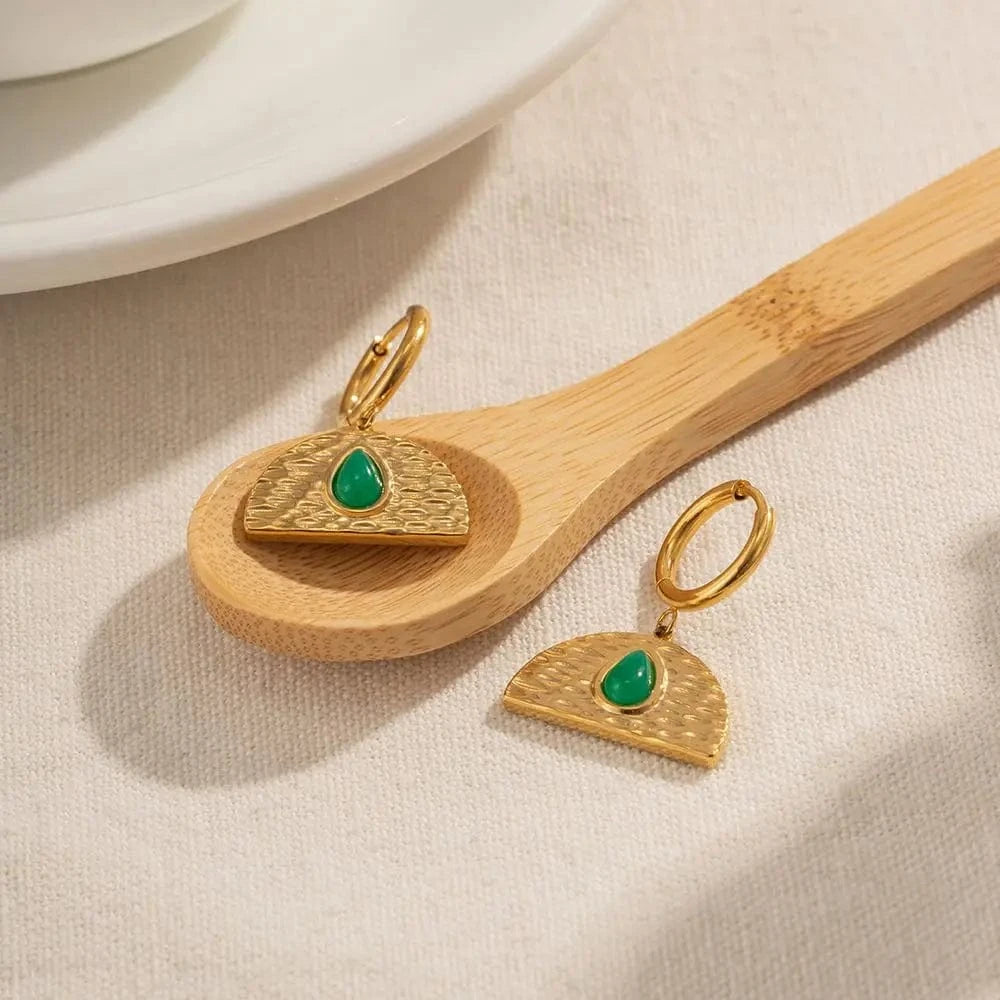 Trendy / E2067 E2067 Vintage Jewelry 18K Gold Plated Stainless Steel Earrings Green Natural Stone Malaysian Jade Earring for Girls