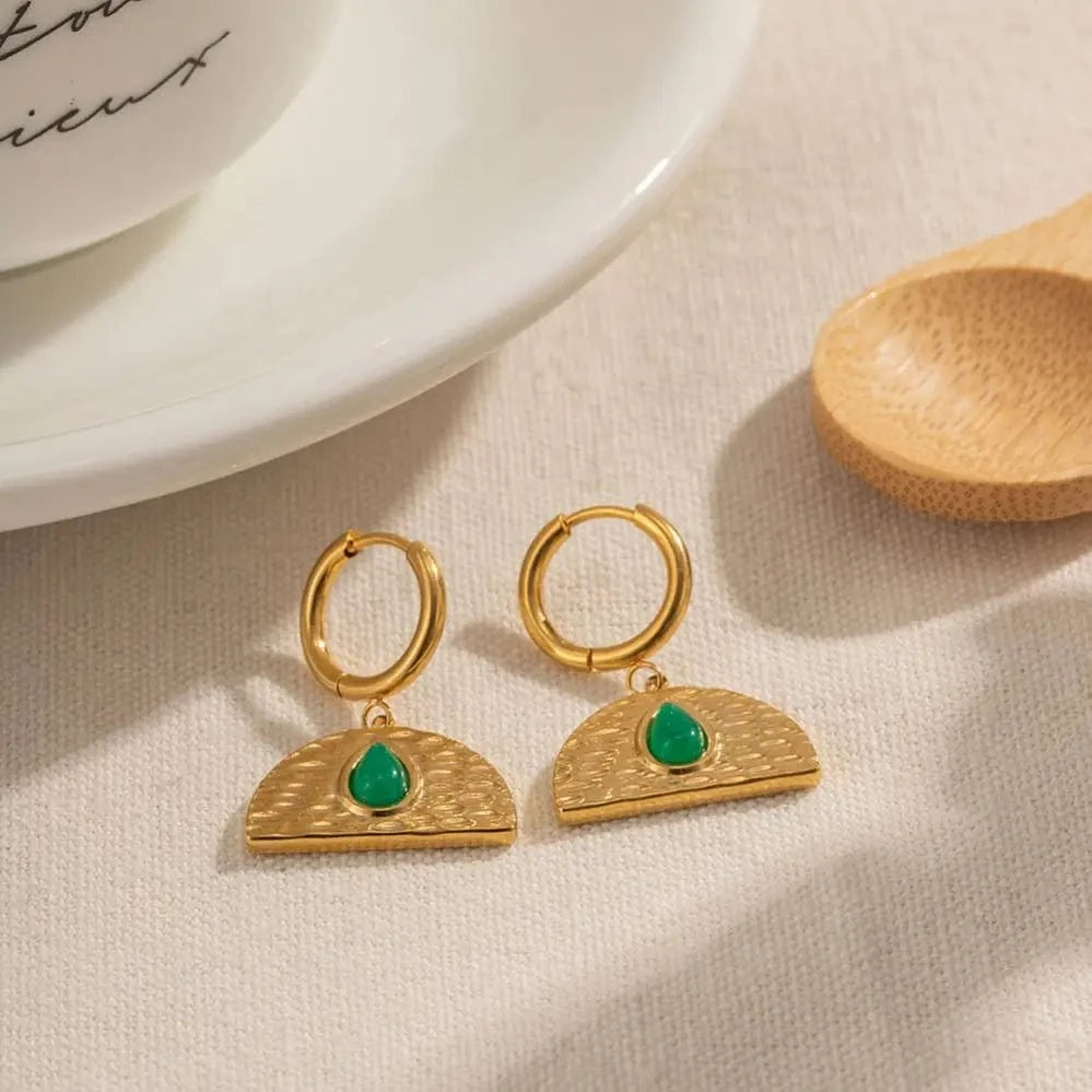 Trendy / E2067 E2067 Vintage Jewelry 18K Gold Plated Stainless Steel Earrings Green Natural Stone Malaysian Jade Earring for Girls
