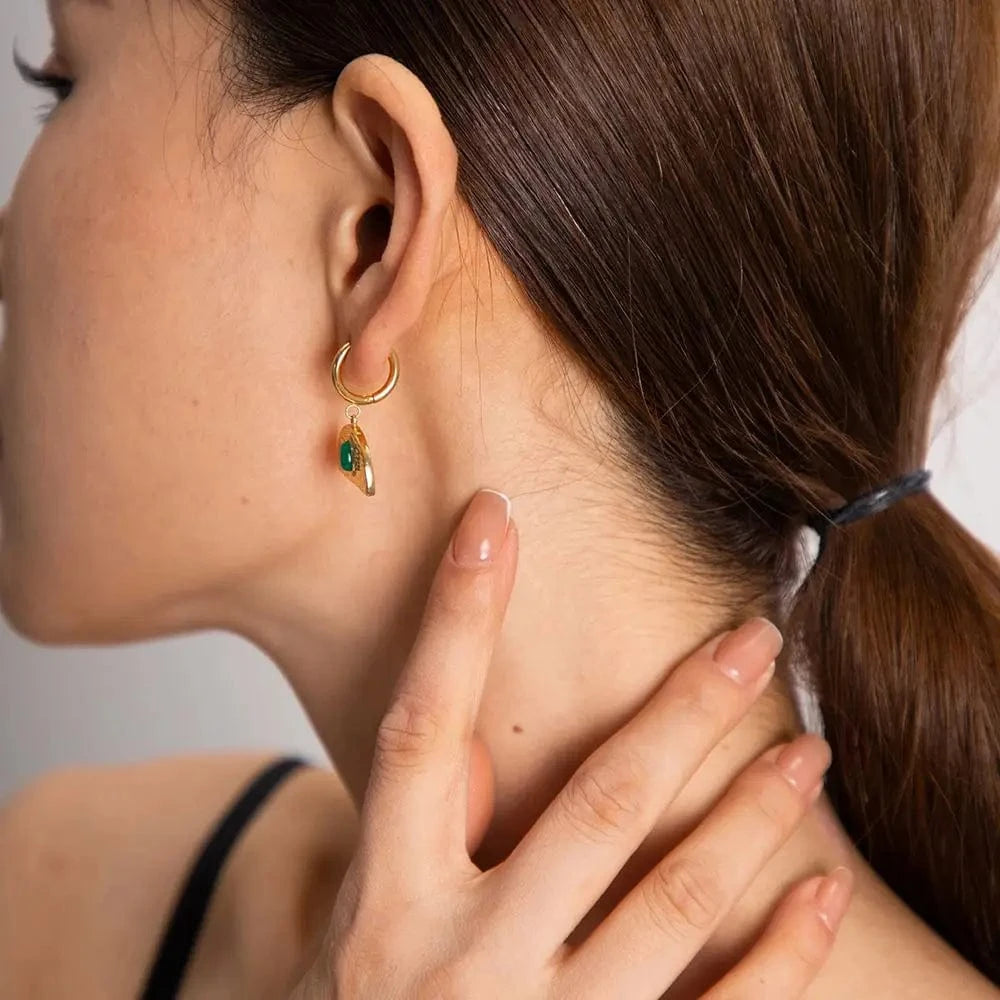 Trendy / E2067 E2067 Vintage Jewelry 18K Gold Plated Stainless Steel Earrings Green Natural Stone Malaysian Jade Earring for Girls