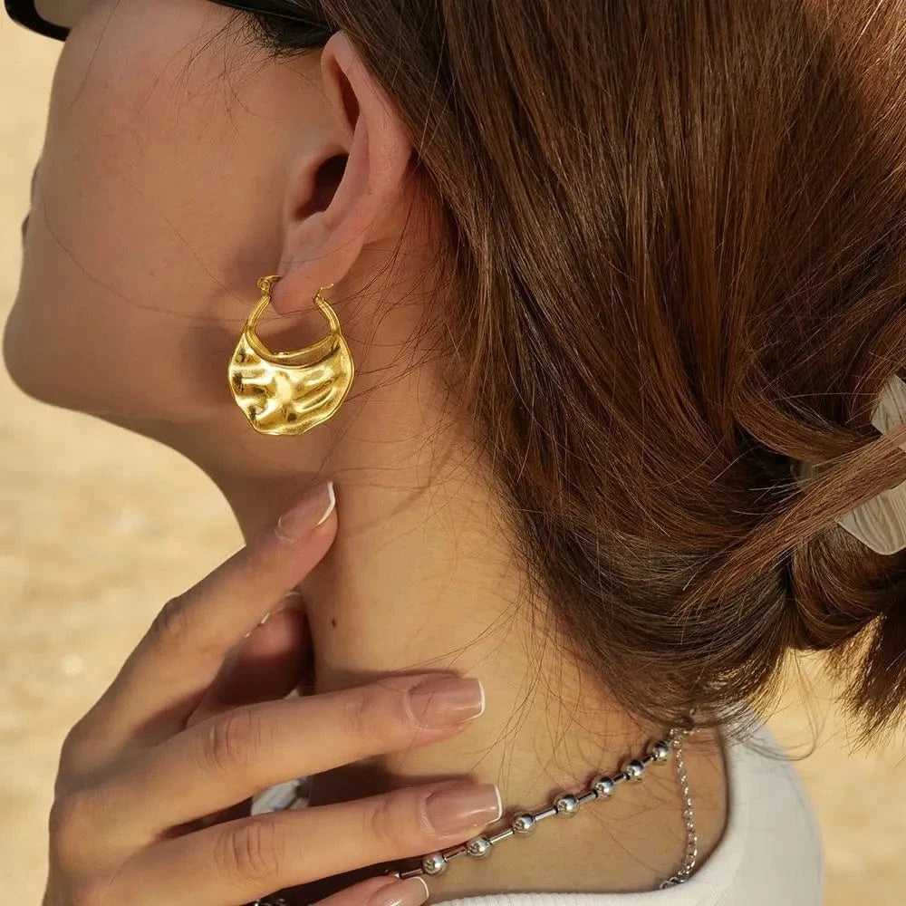 TRENDY / E2068 E2068 Exaggerated Chunky Hoop Earring 18k Gold Plated Stainless Steel French Fanshaped Drop Earring For Women