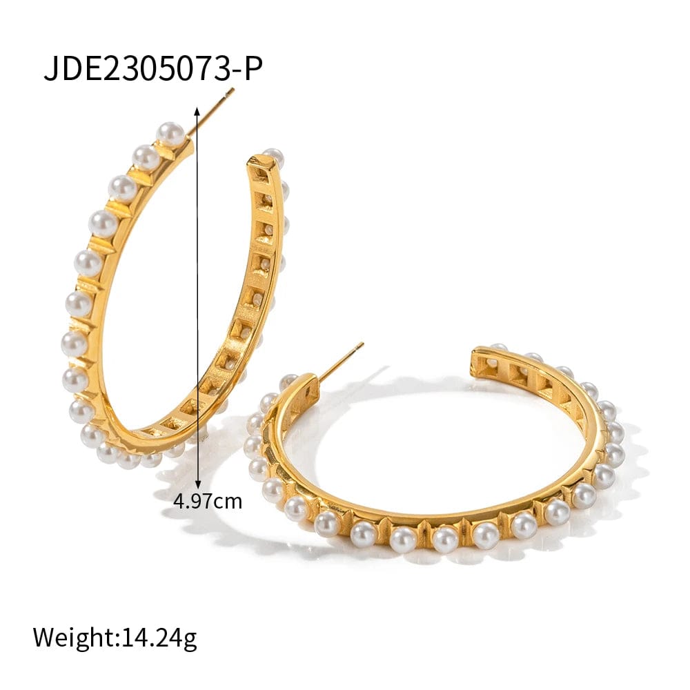 TRENDY / E2088-1 E2088 Chunky Zircon Pearl Huge Hoop Earring 18k PVD Real Gold Plated Stainless Steel Luxury Earring For Women