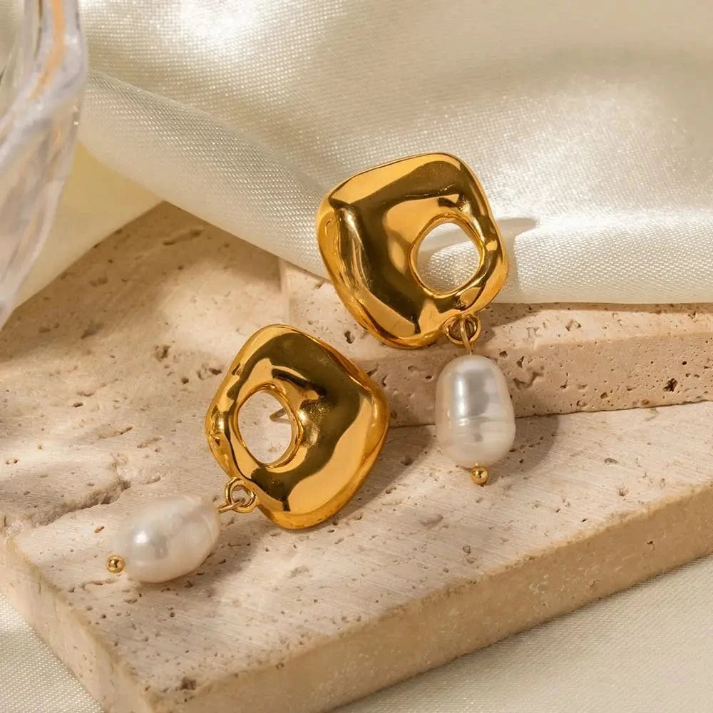 Trendy / E2096 E2096 New Arrival 18K Gold Plated Irregular Fresh Water Pendant Earrings Stainless Steel Fashion Jewelry