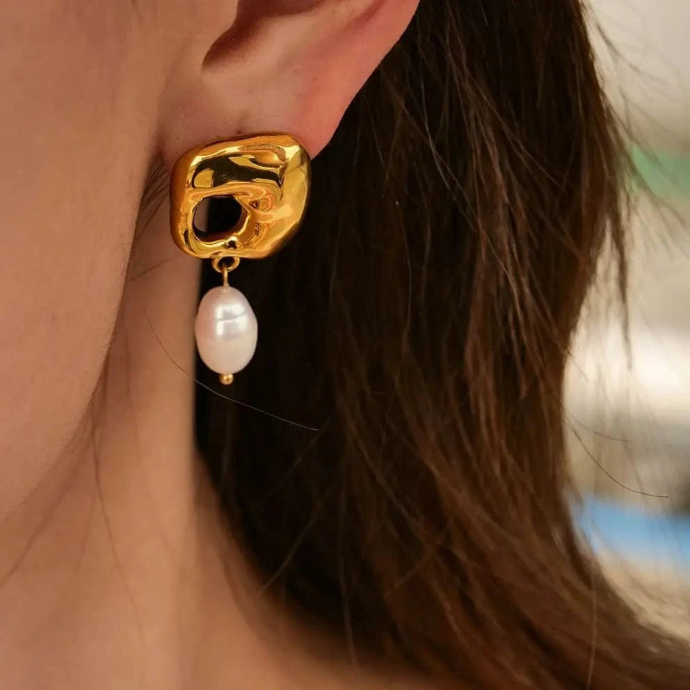 Trendy / E2096 E2096 New Arrival 18K Gold Plated Irregular Fresh Water Pendant Earrings Stainless Steel Fashion Jewelry