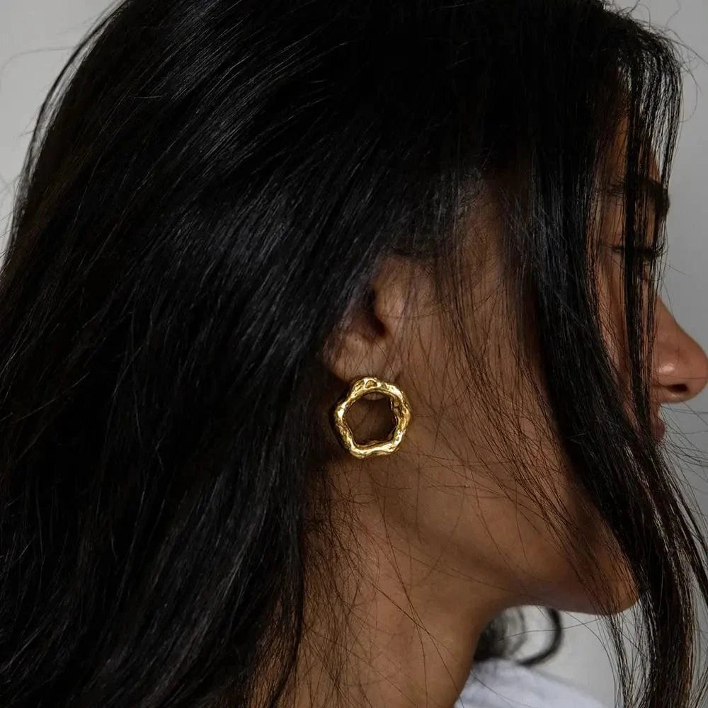 TRENDY / E2103 E2103 Minimalist Flower Hoop Stud Earrings 18K Gold Plated Stainless Steel Statement Irregular Round Laval Earring