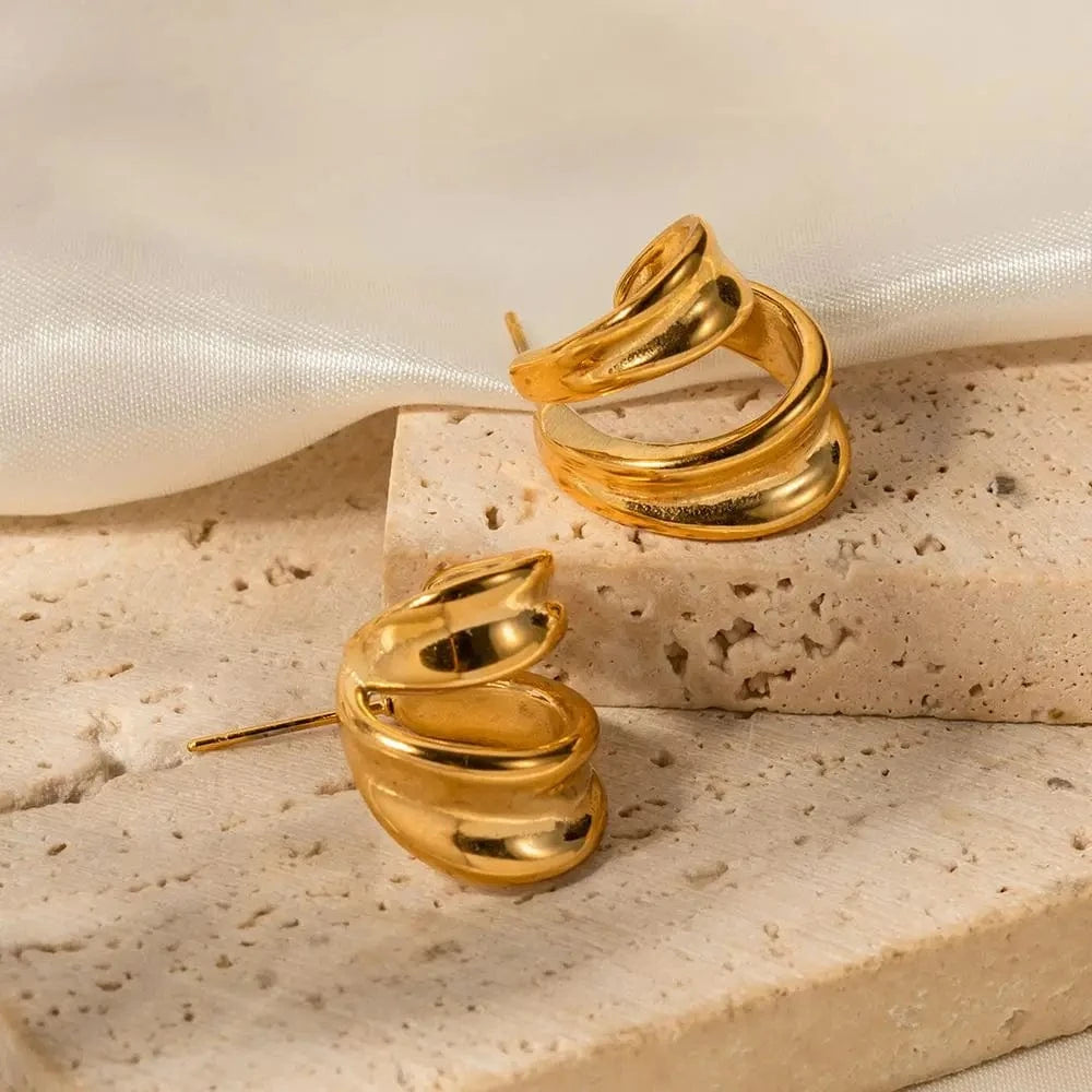 TRENDY / E2105 E2105 Two Layer Unique Design Hoop Earring 18k Gold Plated Stainless Steel Waterproof Tarnish Free CC Earring