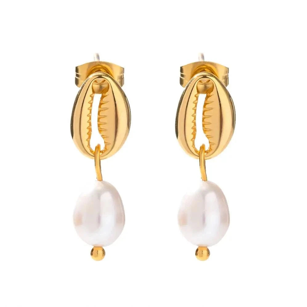 TRENDY / E2113 E2113 18k Stainless Steel Gold Plated Freshwater Pearl Pendant Earring Delicate Shell Design Drop Earring