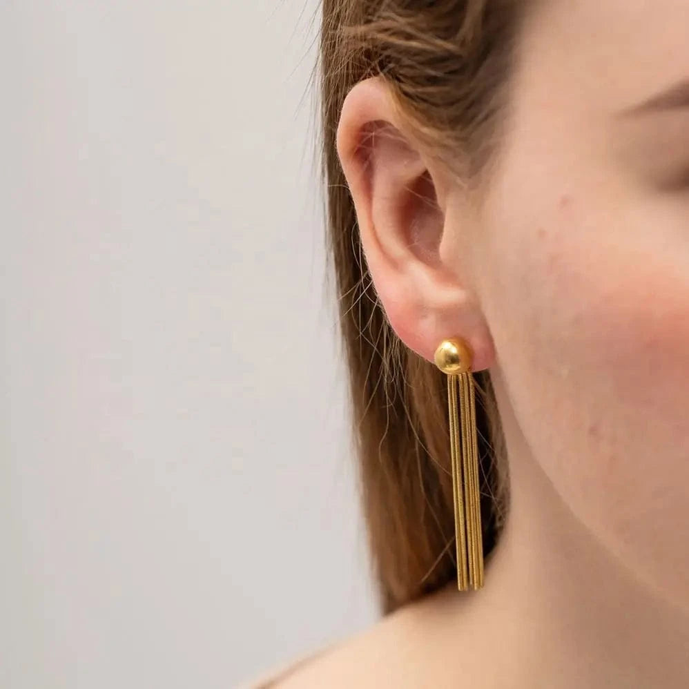 Trendy / E2152 E2152 French Exclusive Stainless Steel 18K Earring Glaring Bead Dainty Long Tassel Drop Earrings