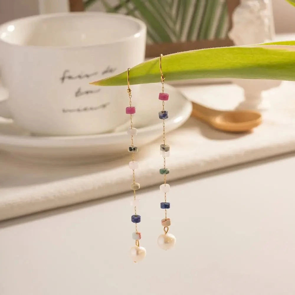 Trendy / E2176 E2176 PVD 18K Real Gold Plated Stainless Steel drop earring with the freshwater pearl natural stones irregular earrings