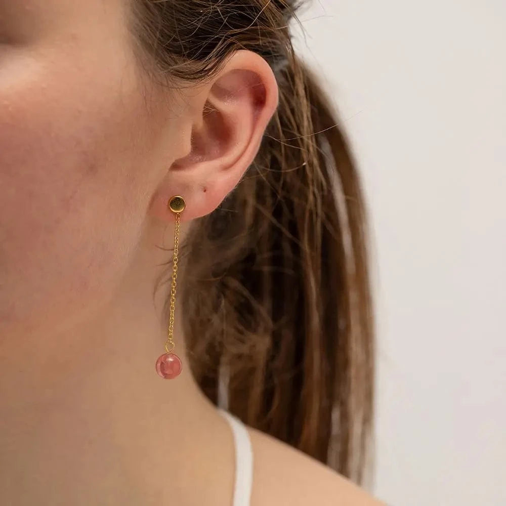 TRENDY / E2177 E2177 18K Gold Plated Stainless Steel Earring Delicate line and the strawberry quartz round tassel stud earring for girls