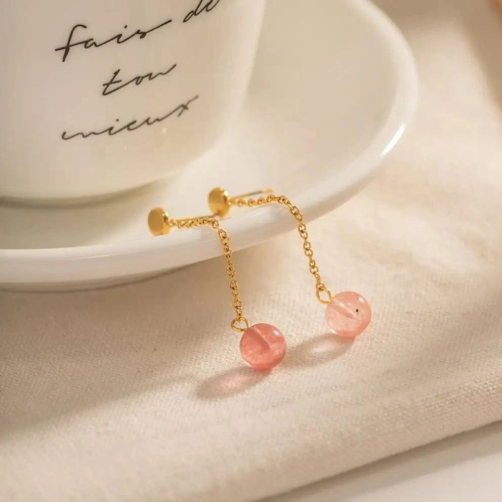 TRENDY / E2177 E2177 18K Gold Plated Stainless Steel Earring Delicate line and the strawberry quartz round tassel stud earring for girls