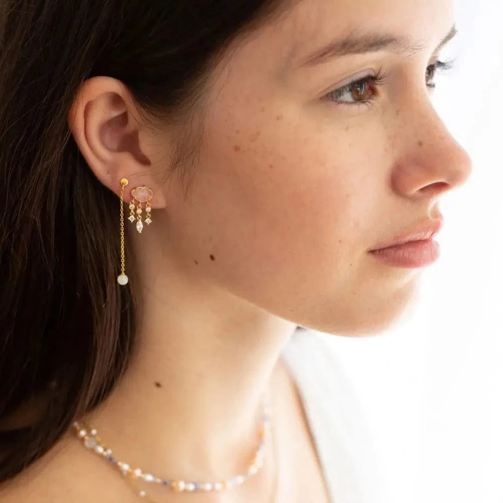 TRENDY / E2177 E2177 18K Gold Plated Stainless Steel Earring Delicate line and the strawberry quartz round tassel stud earring for girls