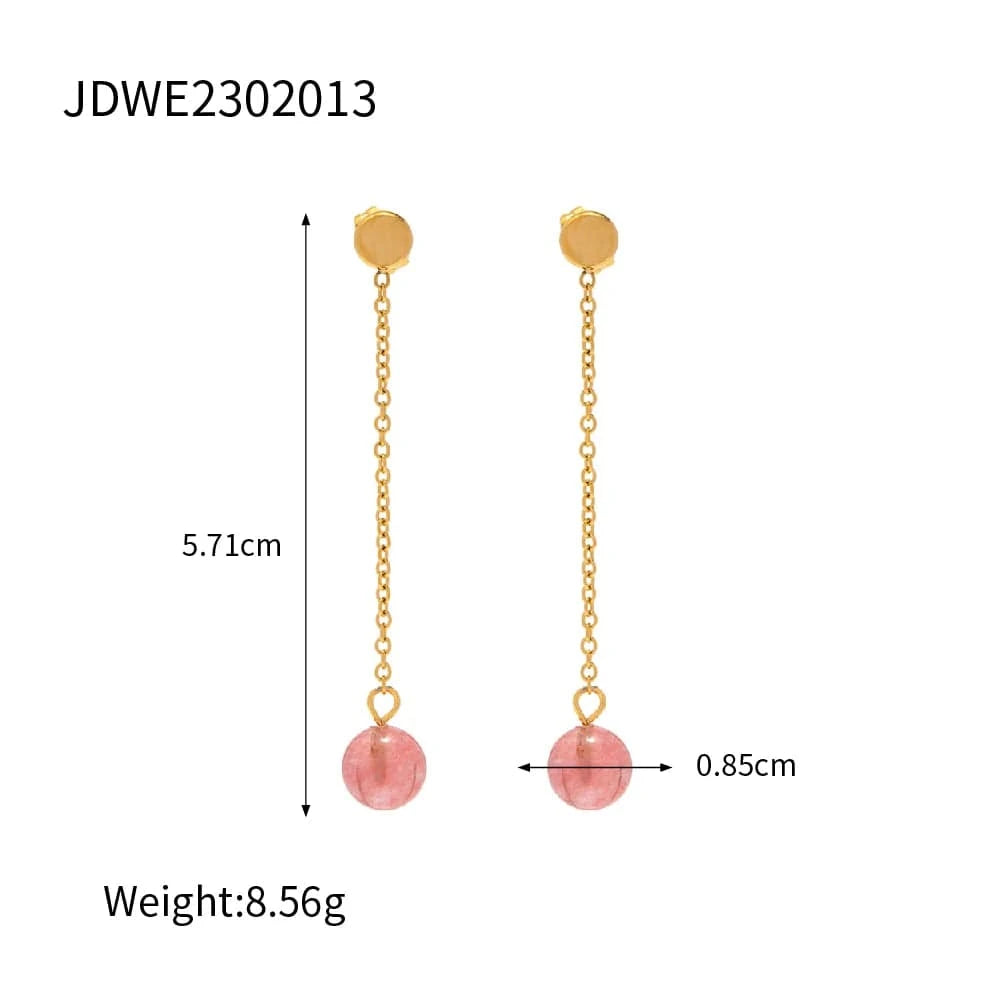 TRENDY / E2177 E2177 18K Gold Plated Stainless Steel Earring Delicate line and the strawberry quartz round tassel stud earring for girls