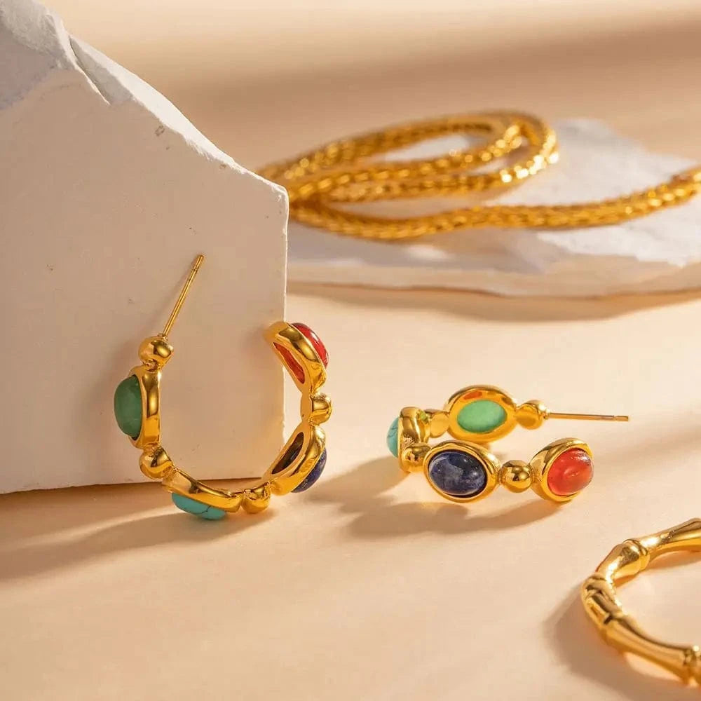trendy / E2187 E2187 New Arrival Jewelry Stainless Steel Oval Green Colorful Lapis Stone CC Hoop Earring for Girls