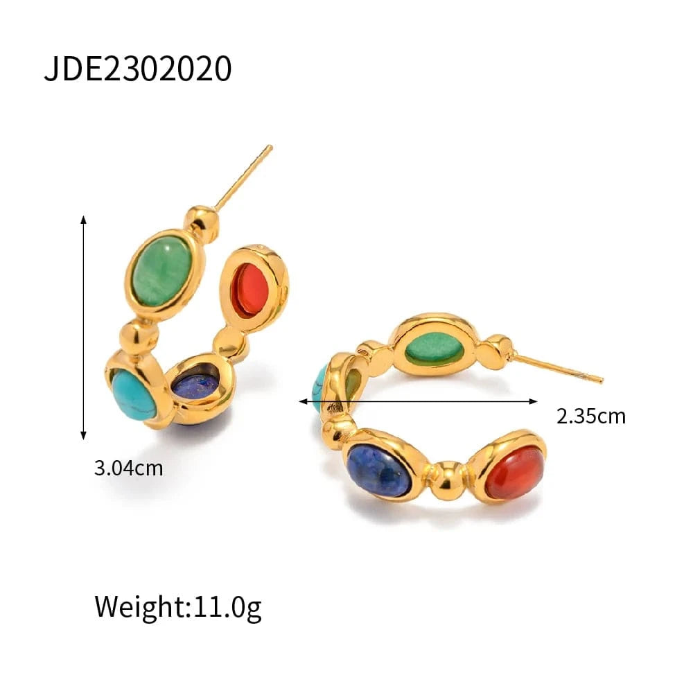 trendy / E2187 E2187 New Arrival Jewelry Stainless Steel Oval Green Colorful Lapis Stone CC Hoop Earring for Girls
