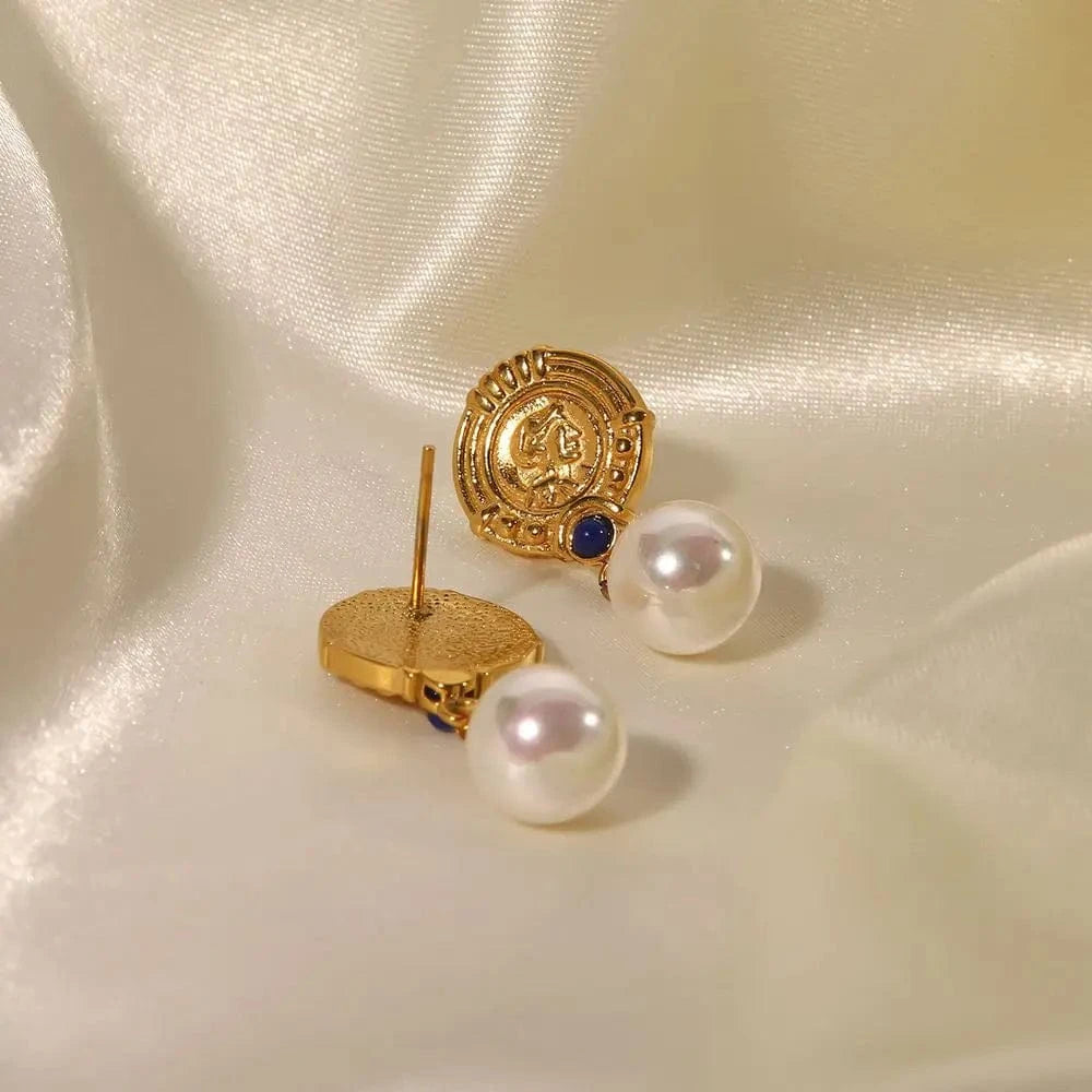 TRENDY / E2199 E2199 Classic Stainless Steel Gold Plated Huge Pearl Pendant Earring Blue Lapis Delicate Design Drop Earring