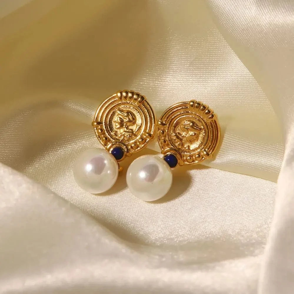 TRENDY / E2199 E2199 Classic Stainless Steel Gold Plated Huge Pearl Pendant Earring Blue Lapis Delicate Design Drop Earring