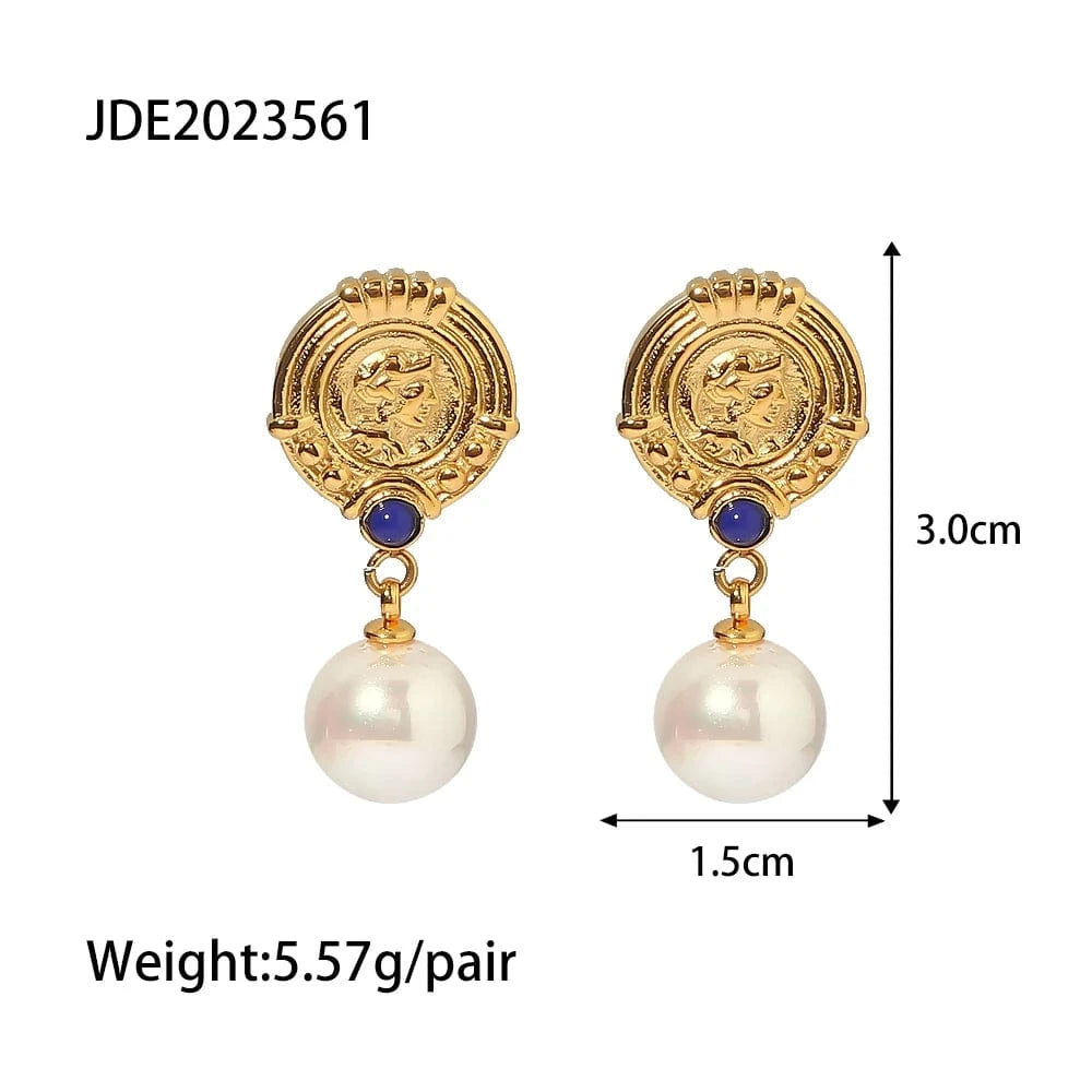TRENDY / E2199 E2199 Classic Stainless Steel Gold Plated Huge Pearl Pendant Earring Blue Lapis Delicate Design Drop Earring