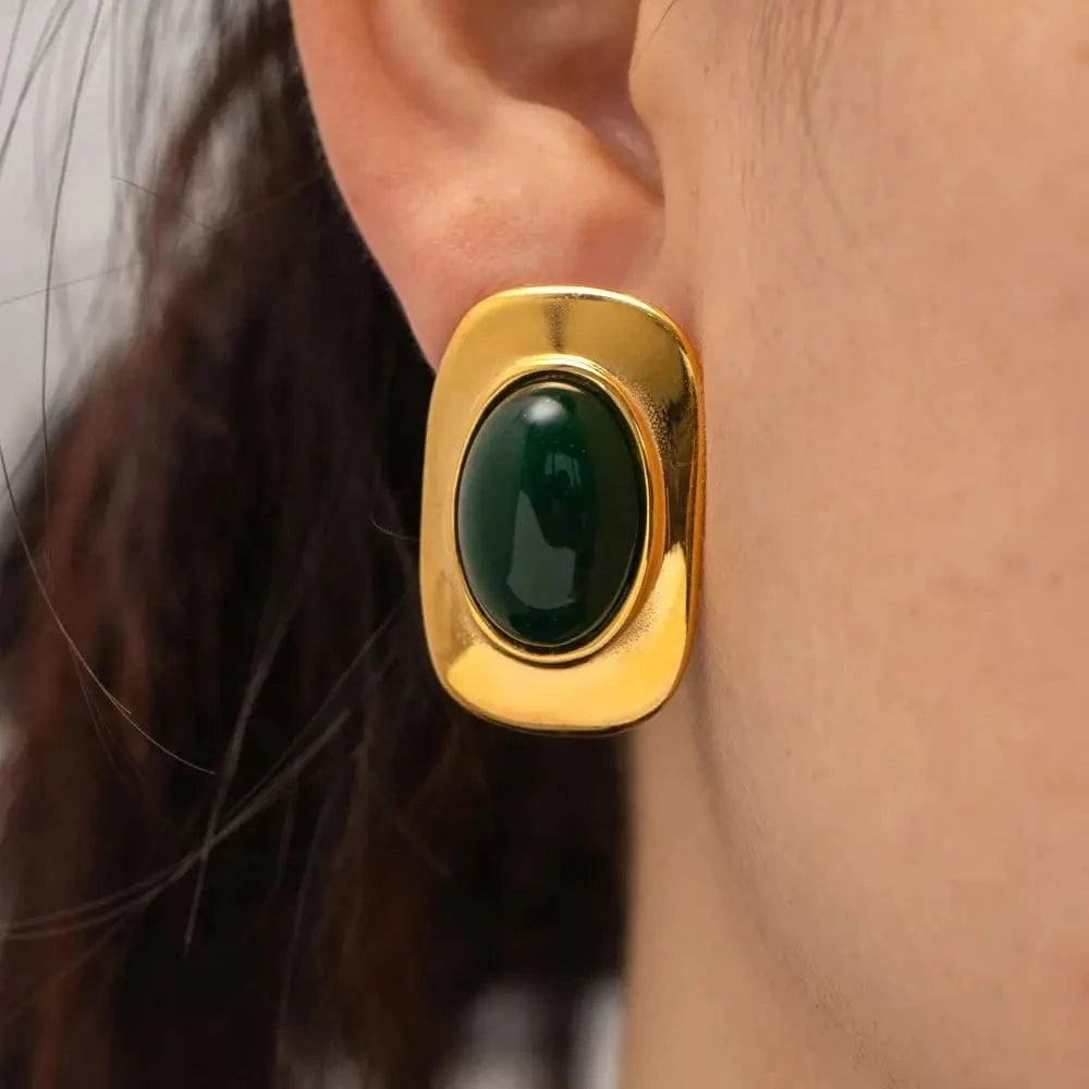 TRENDY / E2211 E2211 Classic Green Cat Eye Opal Shape Inlaid Stud Earring Waterproof Stainless Steel 18 k Gold Plated Jewelry