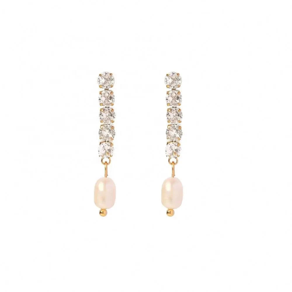 TRENDY / E2223 E2223 Delicate Shiny Zircon Freshwater Pearl 18K PVD Gold Plated Stainless Steel Pendant Earrings Parisian