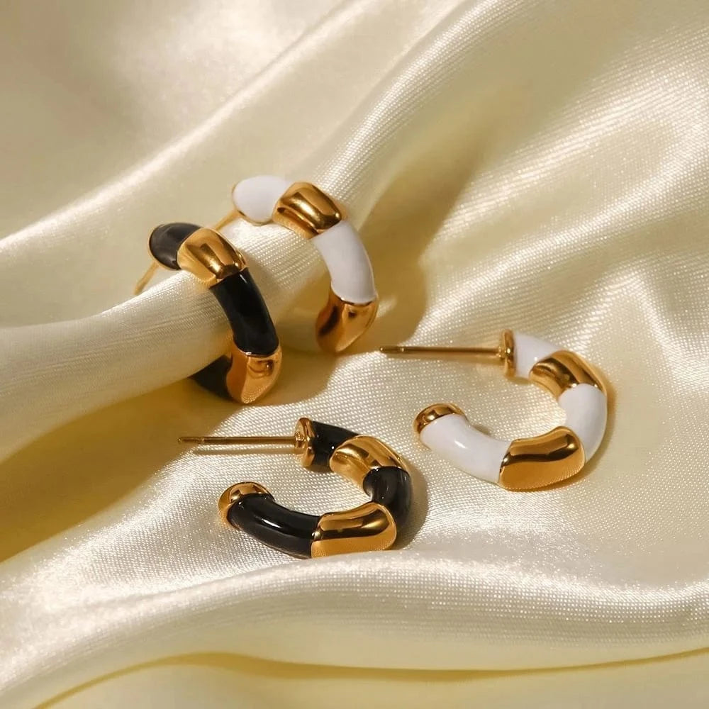 TRENDY / E2270 E2270 18k Gold Plated Stainless Steel Black Enameled Contrast Color C Shape Hoop Earring For Ladies