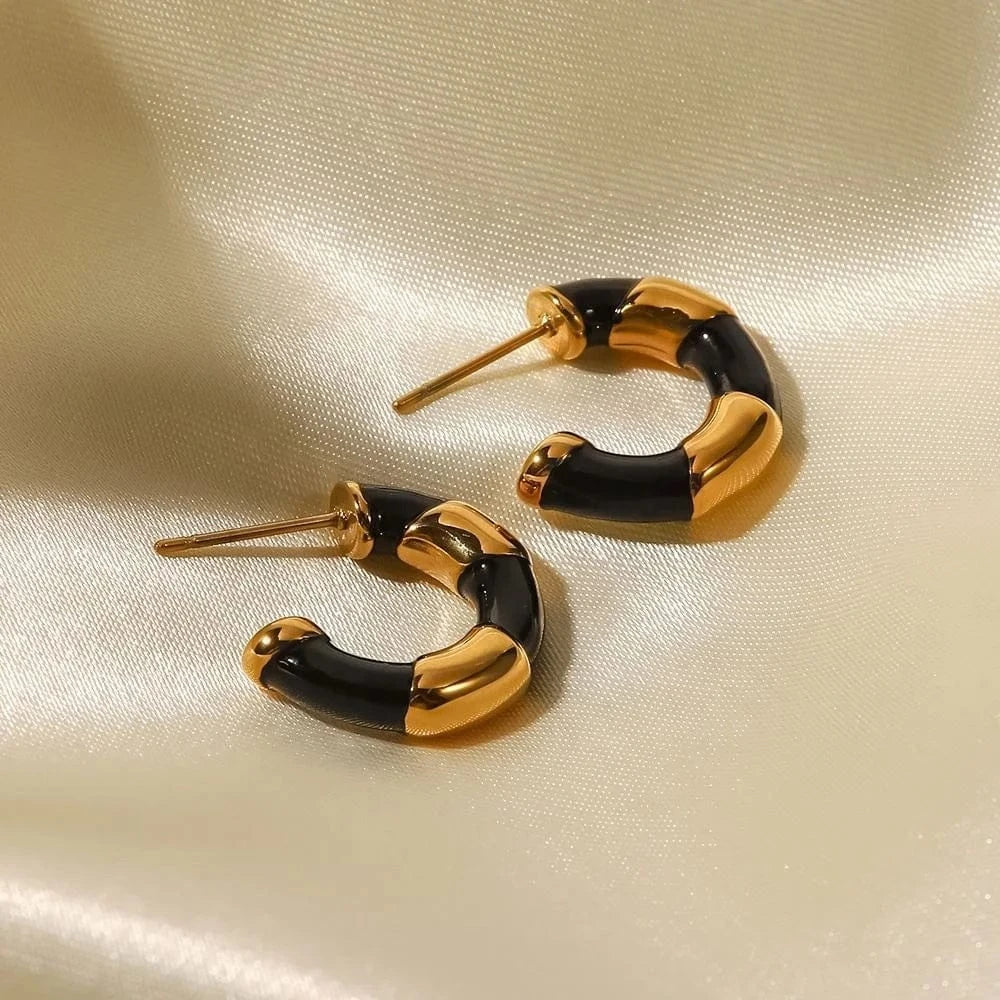 TRENDY / E2270 E2270 18k Gold Plated Stainless Steel Black Enameled Contrast Color C Shape Hoop Earring For Ladies