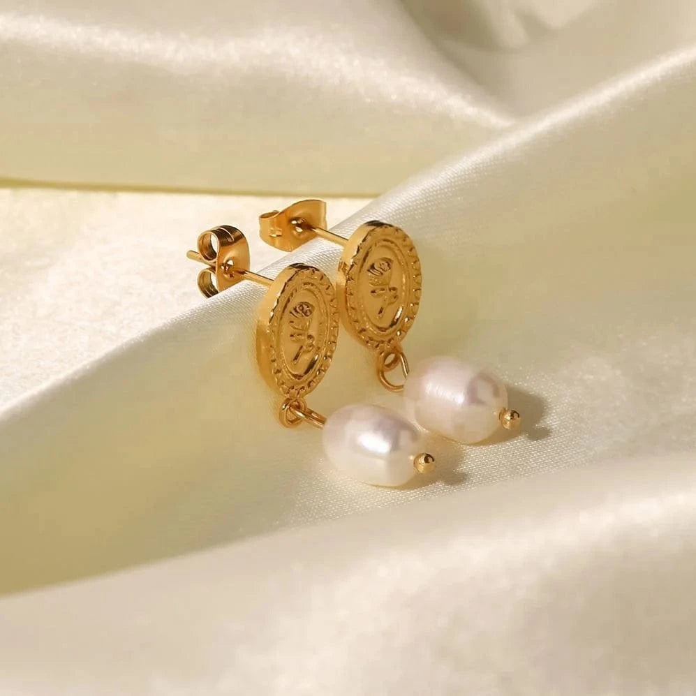 TRENDY / E2272 E2273 18k Gold Plated Stainless Steel Freshwater Pearl Coin Design Rose Embossed Pendant Earrings Ins Trendy