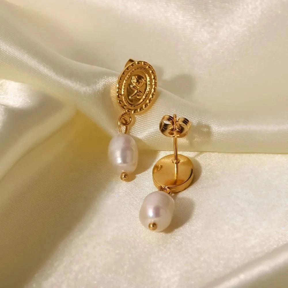TRENDY / E2272 E2273 18k Gold Plated Stainless Steel Freshwater Pearl Coin Design Rose Embossed Pendant Earrings Ins Trendy