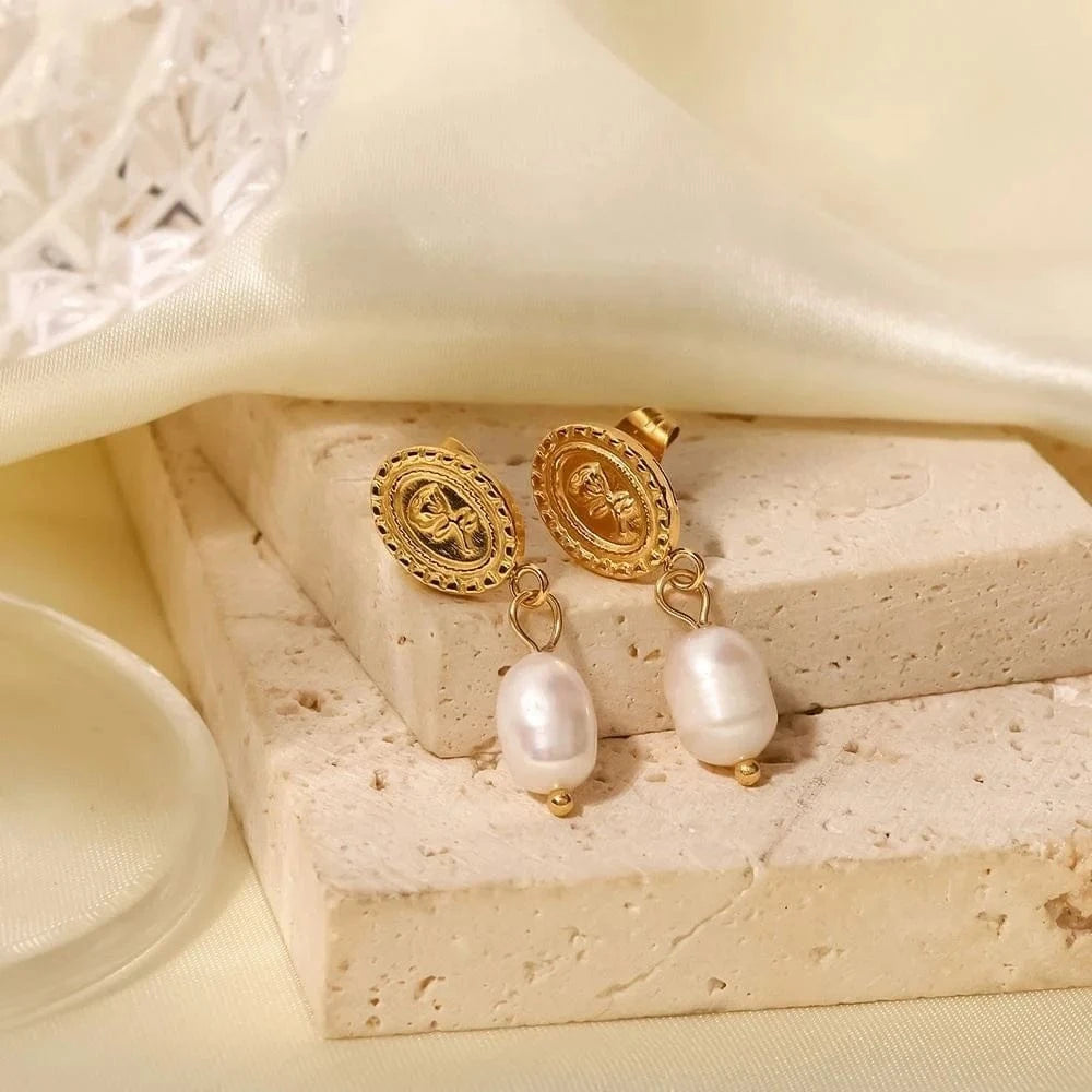 TRENDY / E2272 E2273 18k Gold Plated Stainless Steel Freshwater Pearl Coin Design Rose Embossed Pendant Earrings Ins Trendy