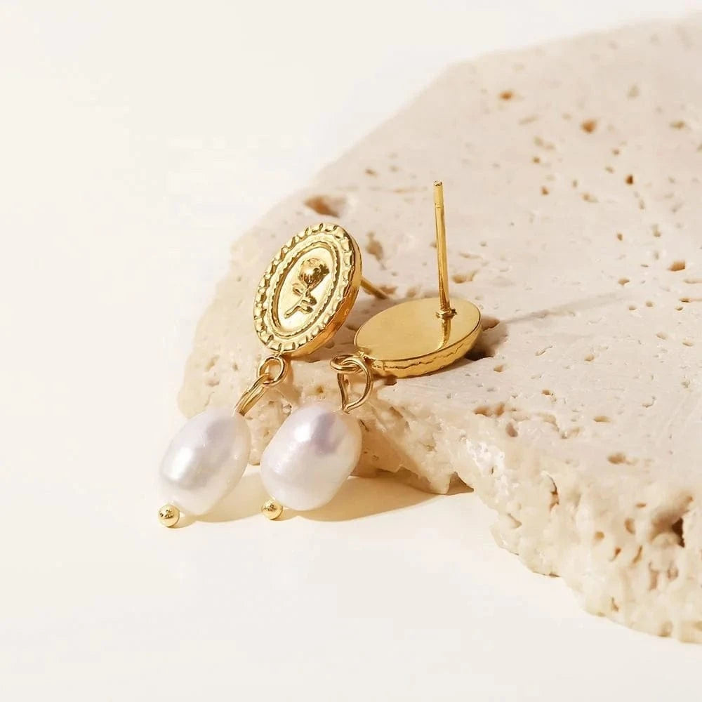 TRENDY / E2272 E2273 18k Gold Plated Stainless Steel Freshwater Pearl Coin Design Rose Embossed Pendant Earrings Ins Trendy