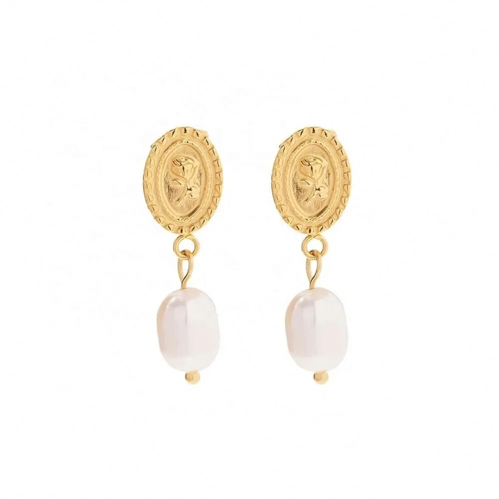 TRENDY / E2272 E2273 18k Gold Plated Stainless Steel Freshwater Pearl Coin Design Rose Embossed Pendant Earrings Ins Trendy