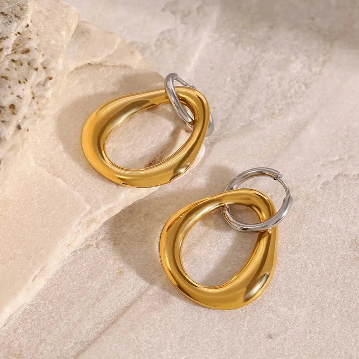 TRENDY / E2418 E2418 18k Gold Stainless Steel Gold and Steel Color Irregular Hollow Pendant Round Earrings Unique Design