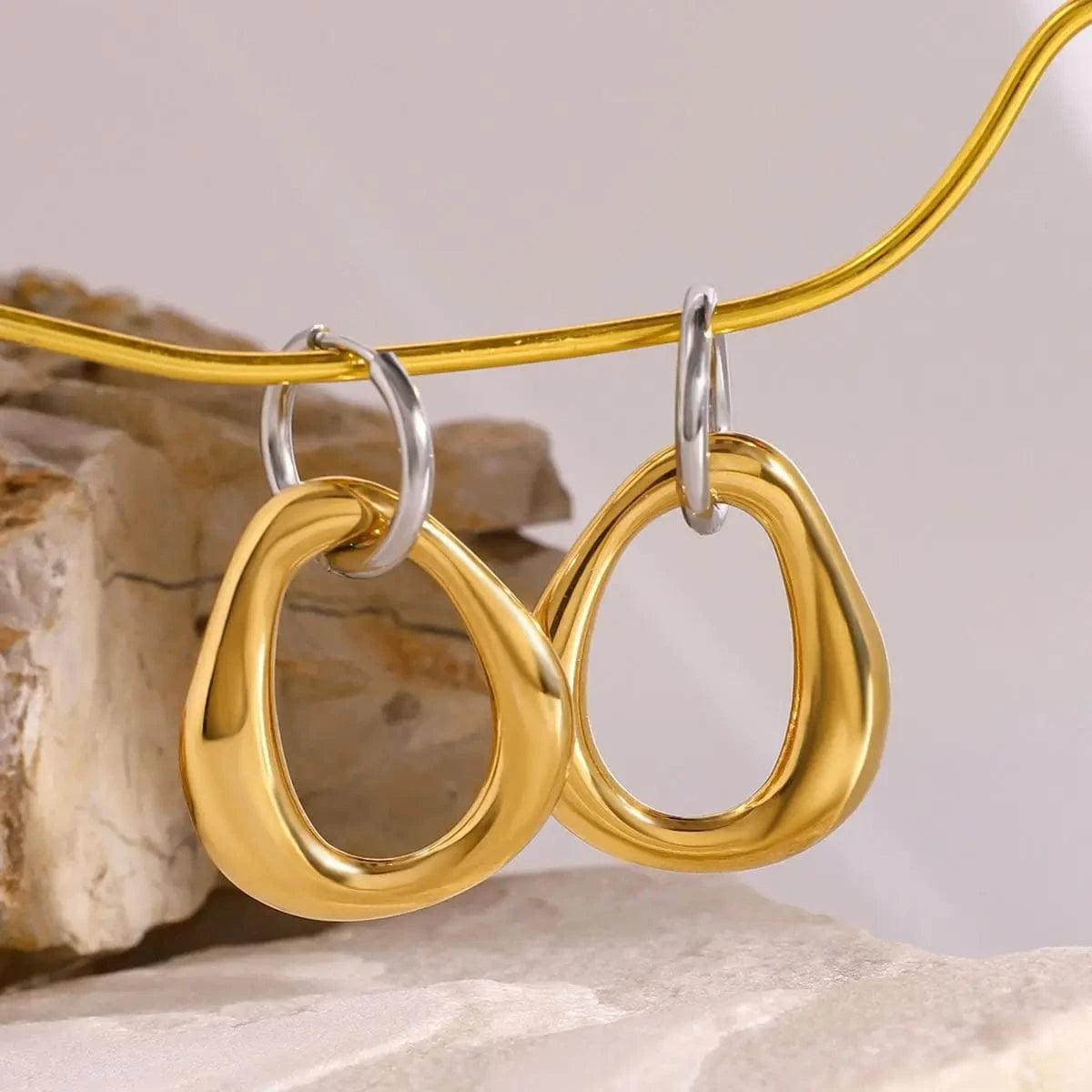 TRENDY / E2418 E2418 18k Gold Stainless Steel Gold and Steel Color Irregular Hollow Pendant Round Earrings Unique Design