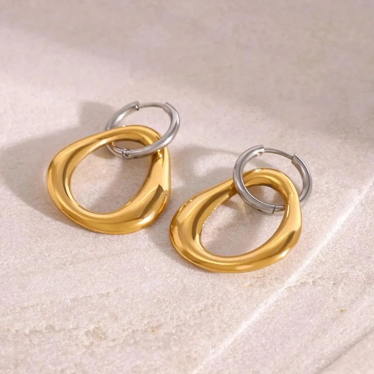 TRENDY / E2418 E2418 18k Gold Stainless Steel Gold and Steel Color Irregular Hollow Pendant Round Earrings Unique Design