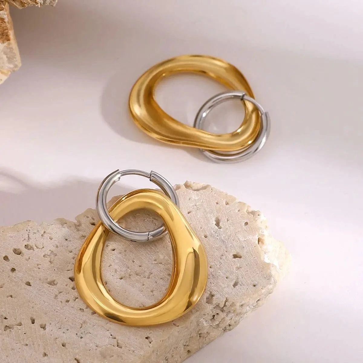 TRENDY / E2418 E2418 18k Gold Stainless Steel Gold and Steel Color Irregular Hollow Pendant Round Earrings Unique Design
