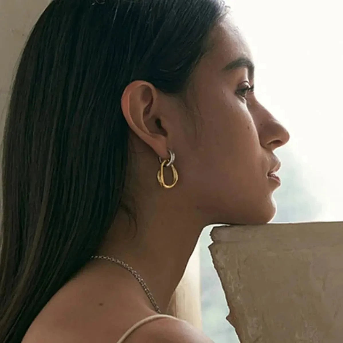 TRENDY / E2418 E2418 18k Gold Stainless Steel Gold and Steel Color Irregular Hollow Pendant Round Earrings Unique Design