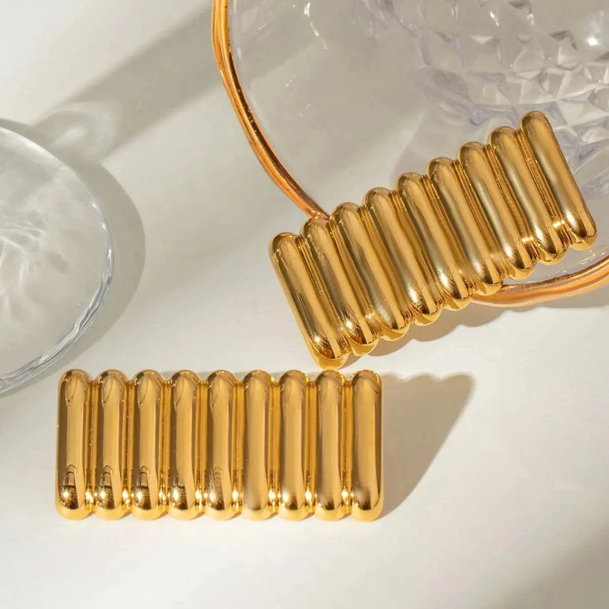 TRENDY / E2430 E2430 Jewelry Ins Popular 18k Gold Stainless Steel Plated Shiny Ribbed Concave Square Earrings