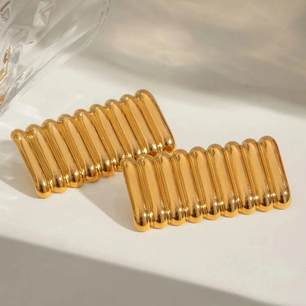 TRENDY / E2430 E2430 Jewelry Ins Popular 18k Gold Stainless Steel Plated Shiny Ribbed Concave Square Earrings
