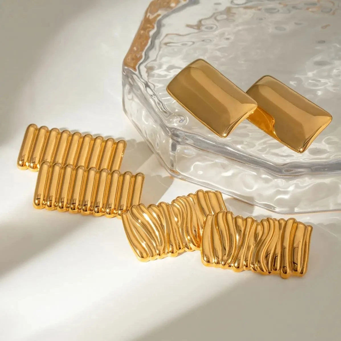 TRENDY / E2430 E2430 Jewelry Ins Popular 18k Gold Stainless Steel Plated Shiny Ribbed Concave Square Earrings
