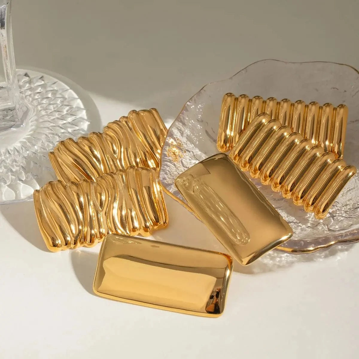 TRENDY / E2430 E2430 Jewelry Ins Popular 18k Gold Stainless Steel Plated Shiny Ribbed Concave Square Earrings