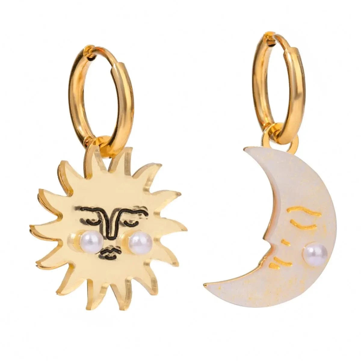 trendy / E2448 E2448 18k Gold Stainless Steel Sun Moon Bead Shell Pearl White Shell Hoop Earrings Unique Stylish Design For Daily Wearing