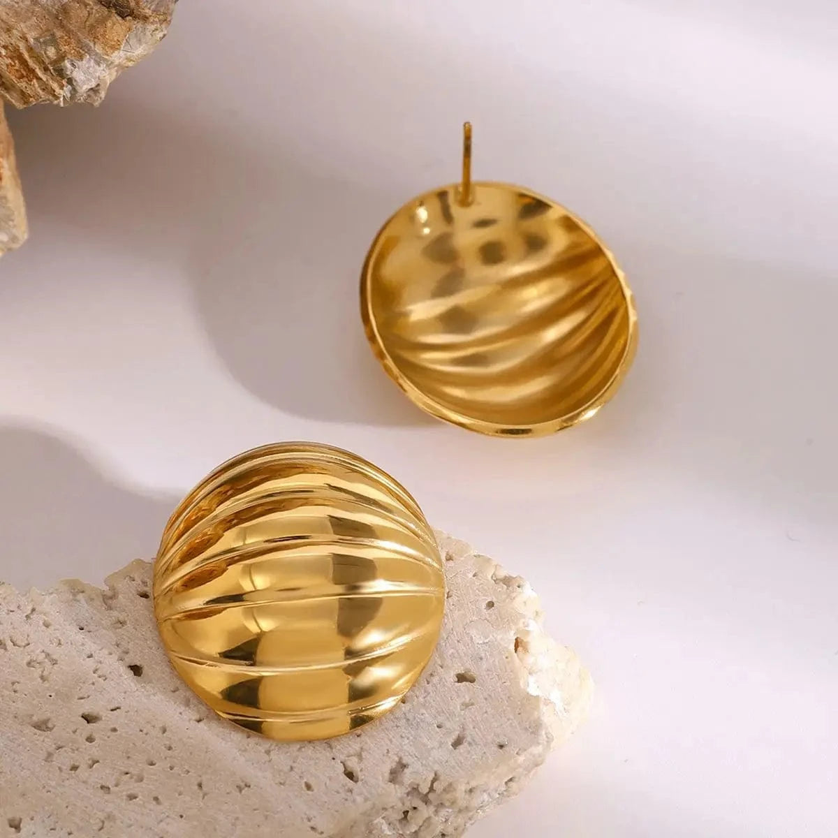 trendy / E2455 E2455 Statement Stainless Steel Luxury 18k Gold Plated Jewelry Oval Smooth Ribbed Concave Chubby Earrings