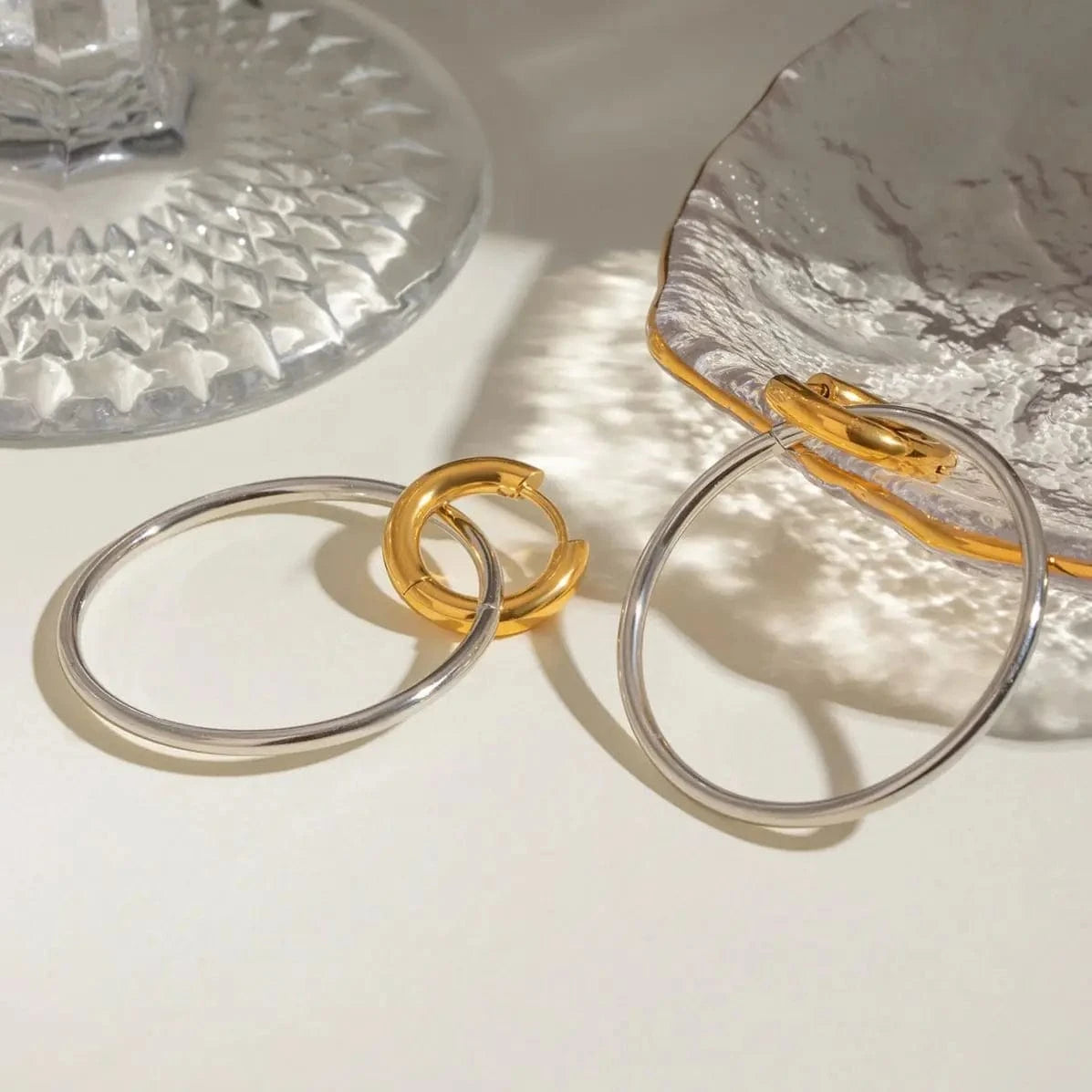 TRENDY / E2458 E2458 Stainless Steel Two Tone Large 18K Gold Steel Ring Interlocking Color Matching Earrings